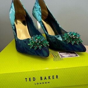 Ted Baker Pumps Size 7.5 Blue Multicolor With Emerald Green Gems and Blues.